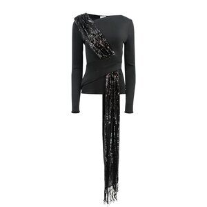 Galvan London Asymmetrical Black Sequin Sash Long Sleeved Jersey Top NWT
